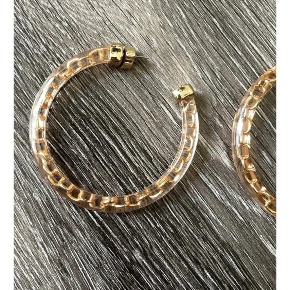 Vintage 80’s Largo Gold Tone Hoop Dangle Earrings Poured Lucite Statement Sz 3”